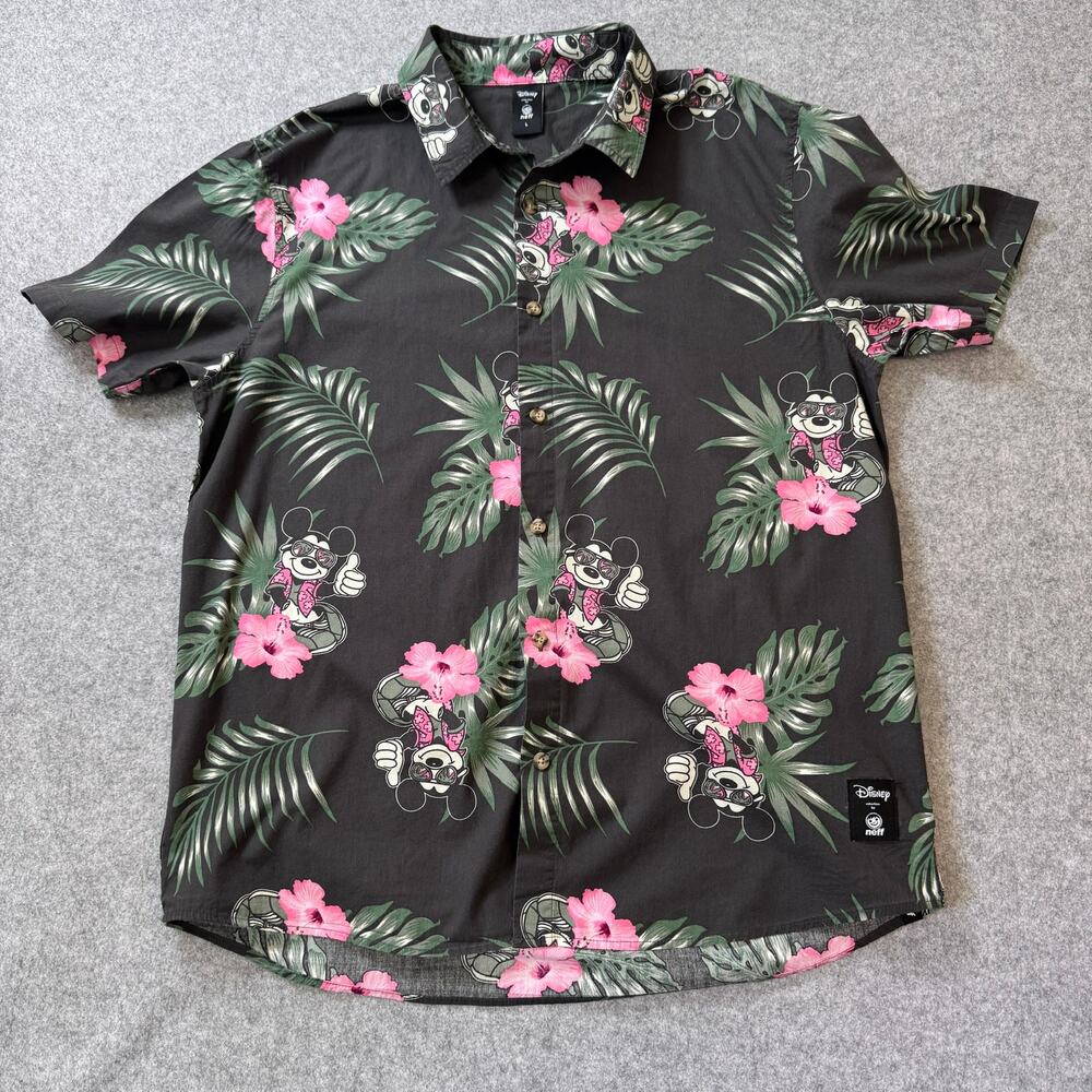 Disney Neff Mickey Mouse Tropical Button Up Shirt Mens Large Black Aloha